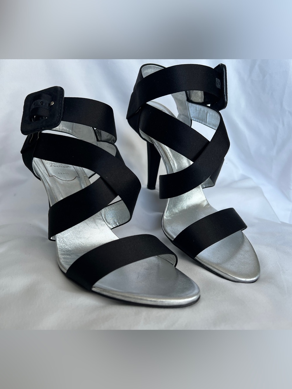 Roger Vivier Black Satin High Heel Sandals with Silver Footbed